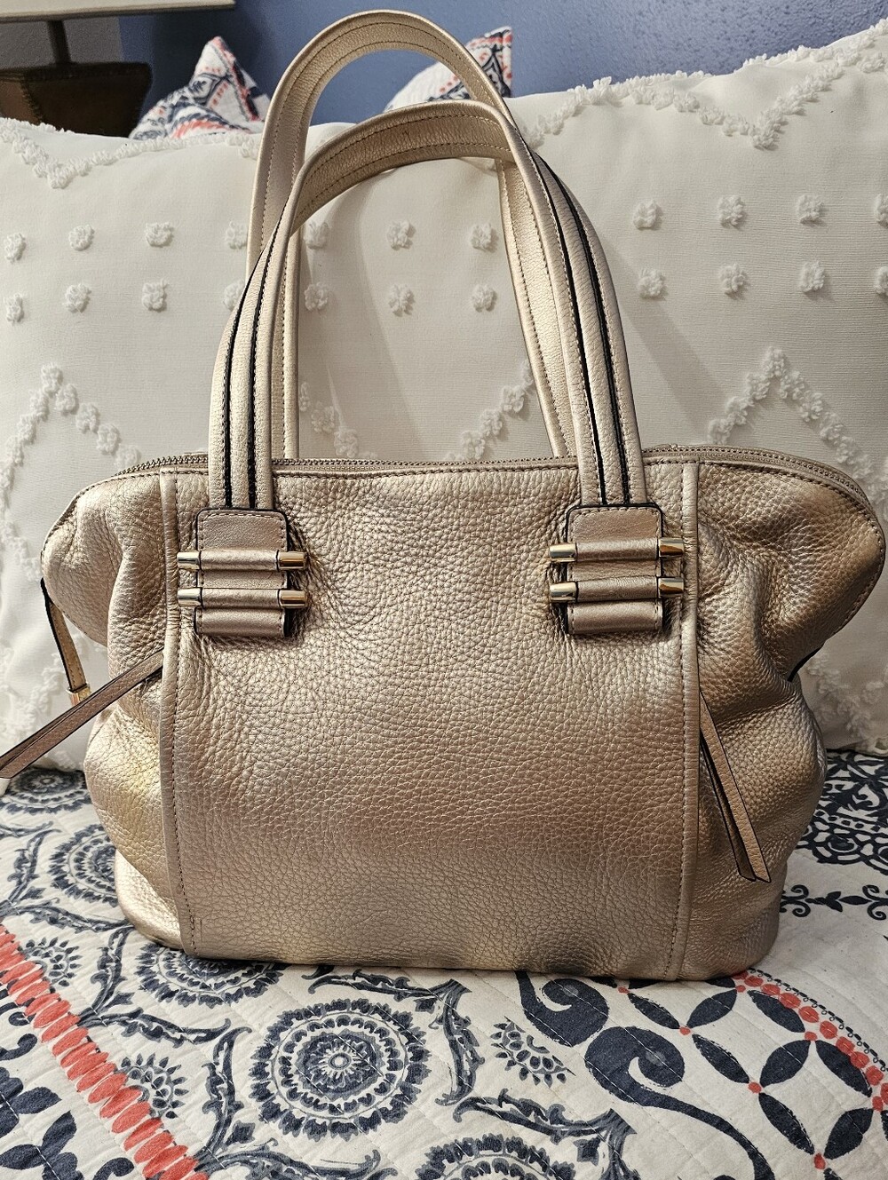 b. makowsky Metallic Champagne Gold Pebbled Leather